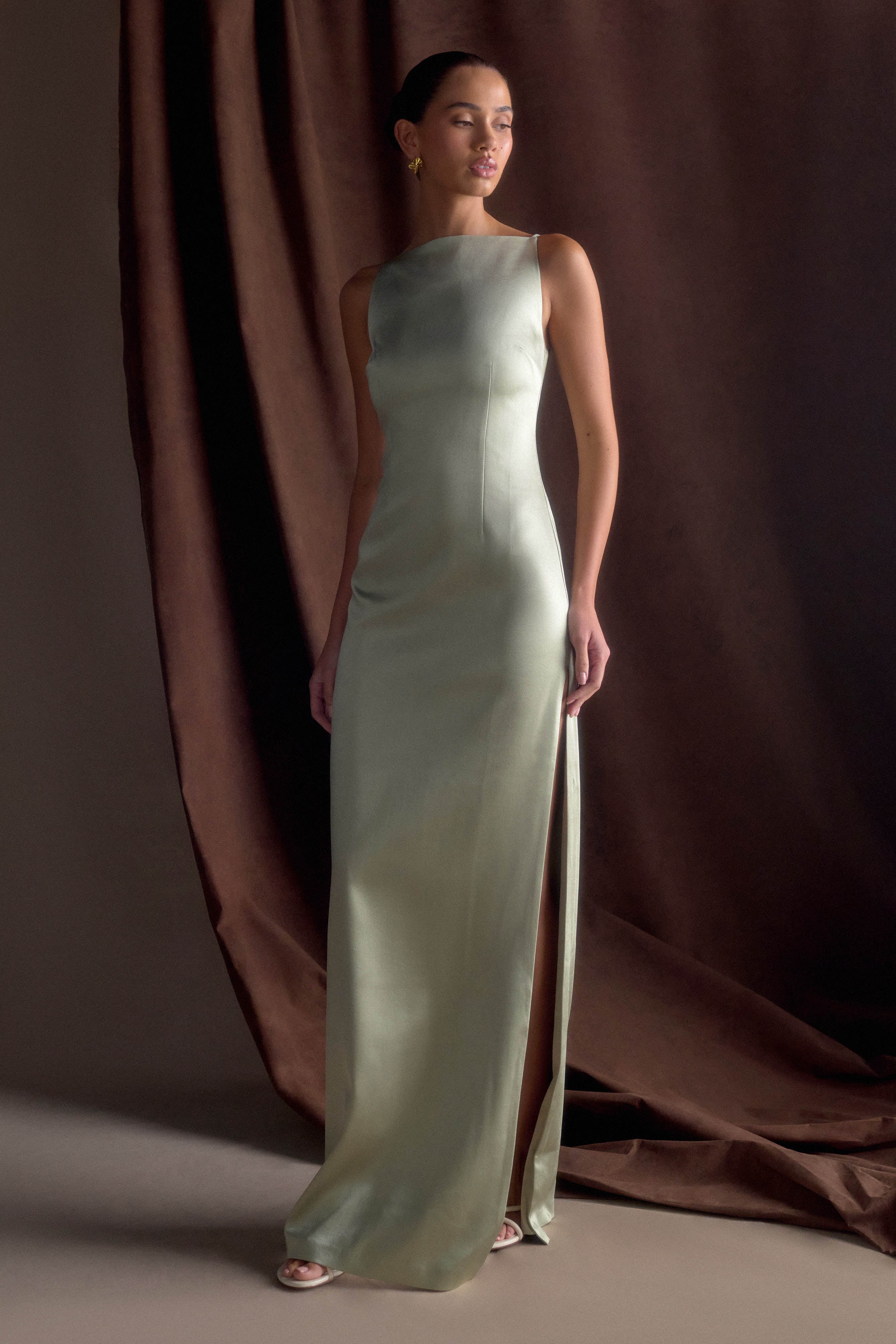 Violet Sleeveless Satin Maxi Dress - Sage