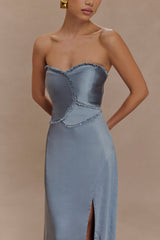 Larissa Satin Maxi Dress With Ruched Petals - Frosted Blue