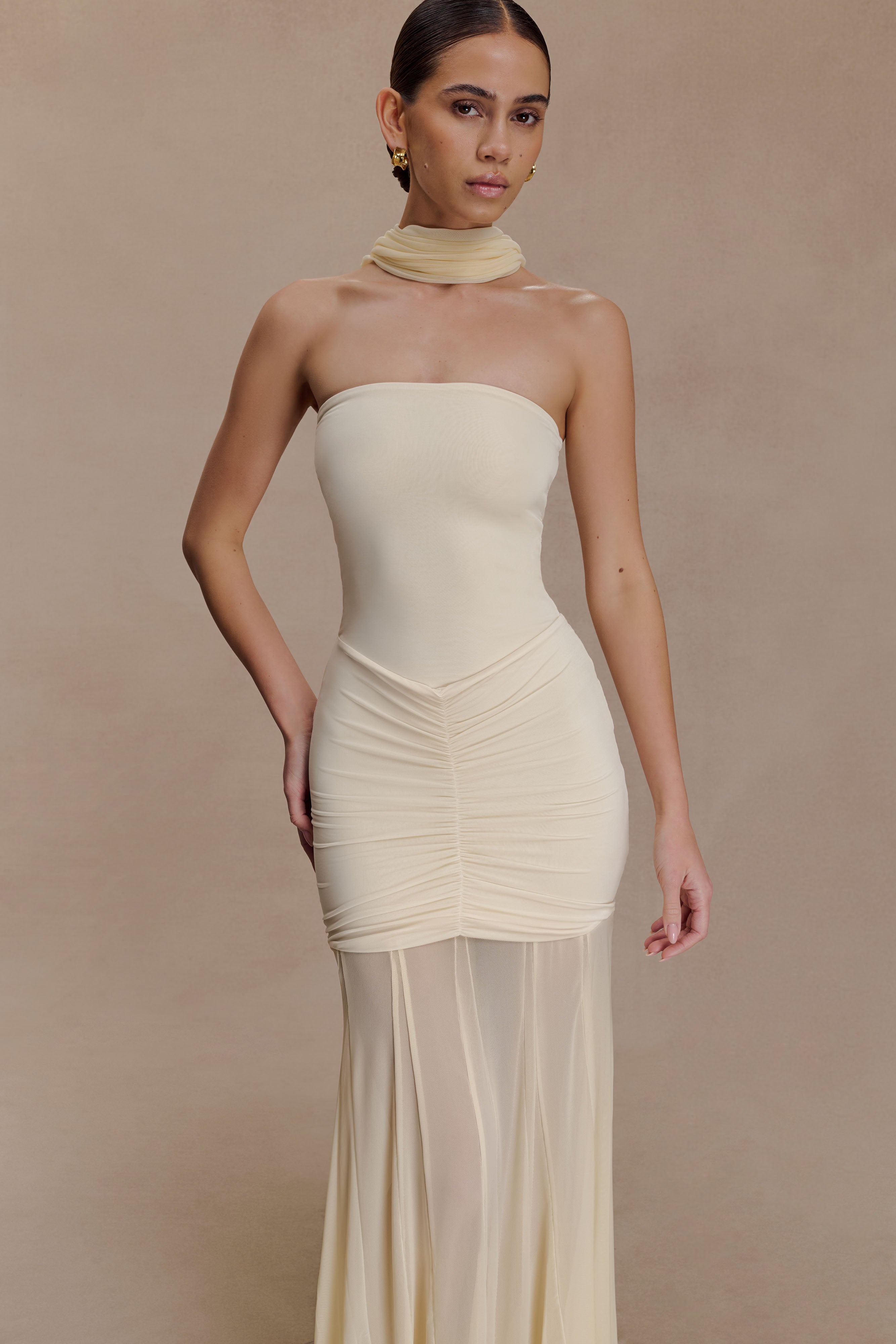 Caspian Slinky And Mesh Off Shoulder Maxi Dress - Ivory
