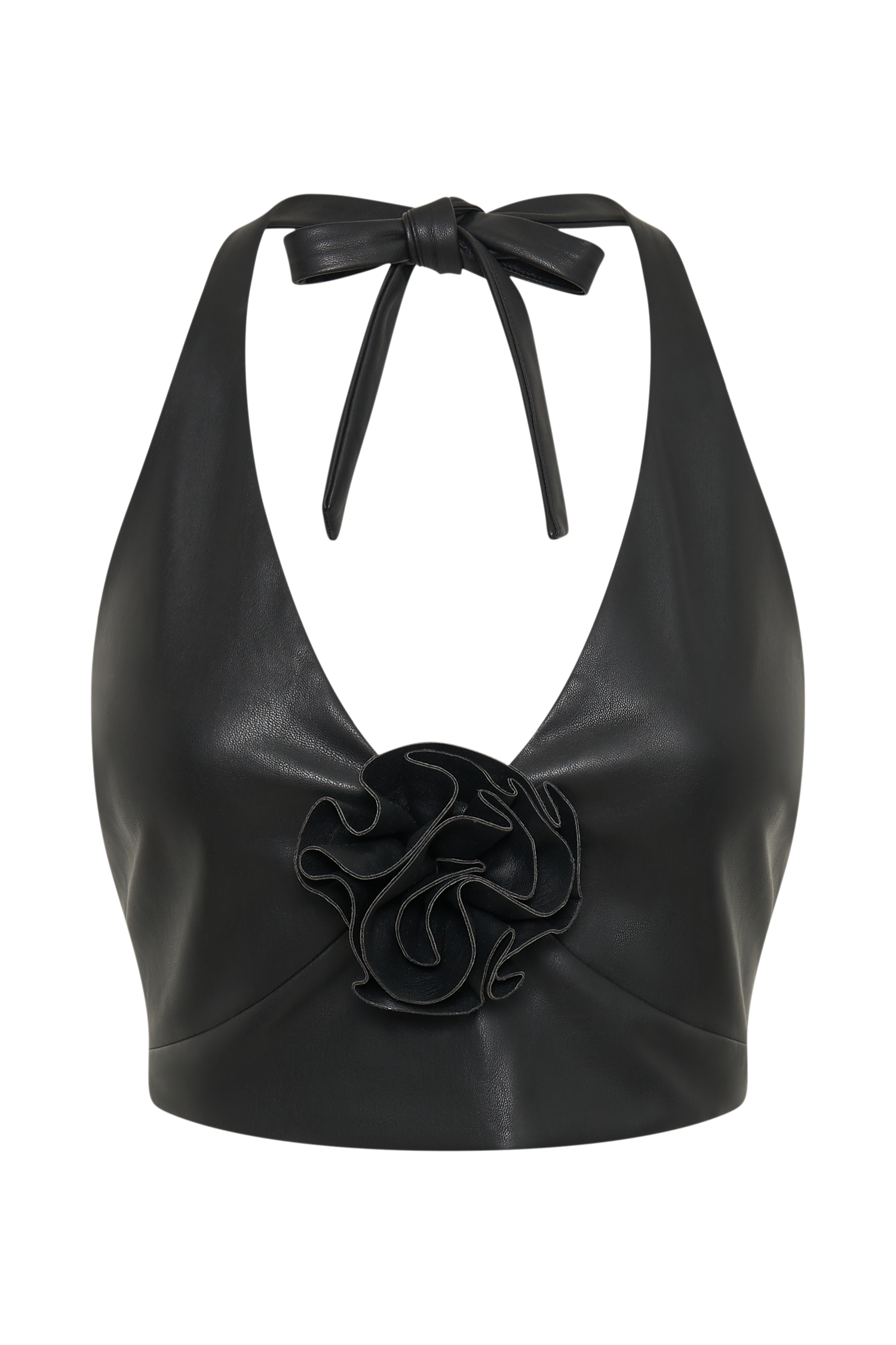Ursla Faux Leather Rose Halter Top - Black