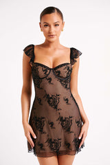 Verona Embroidered Mesh Mini Dress - Black